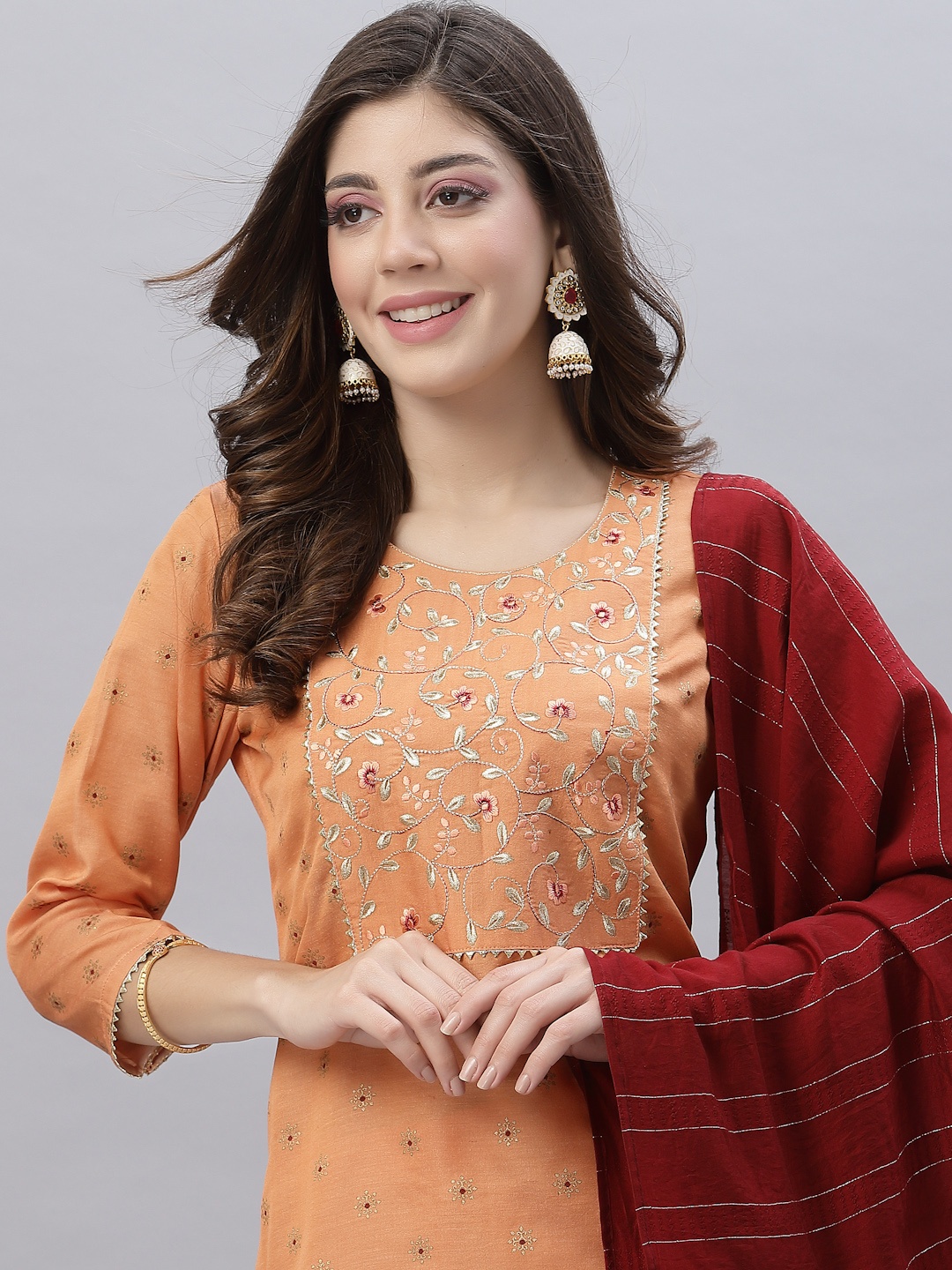 

SKYLEE Women Orange Ethnic Motifs Embroidered Linen Kurta with Palazzos & With Dupatta
