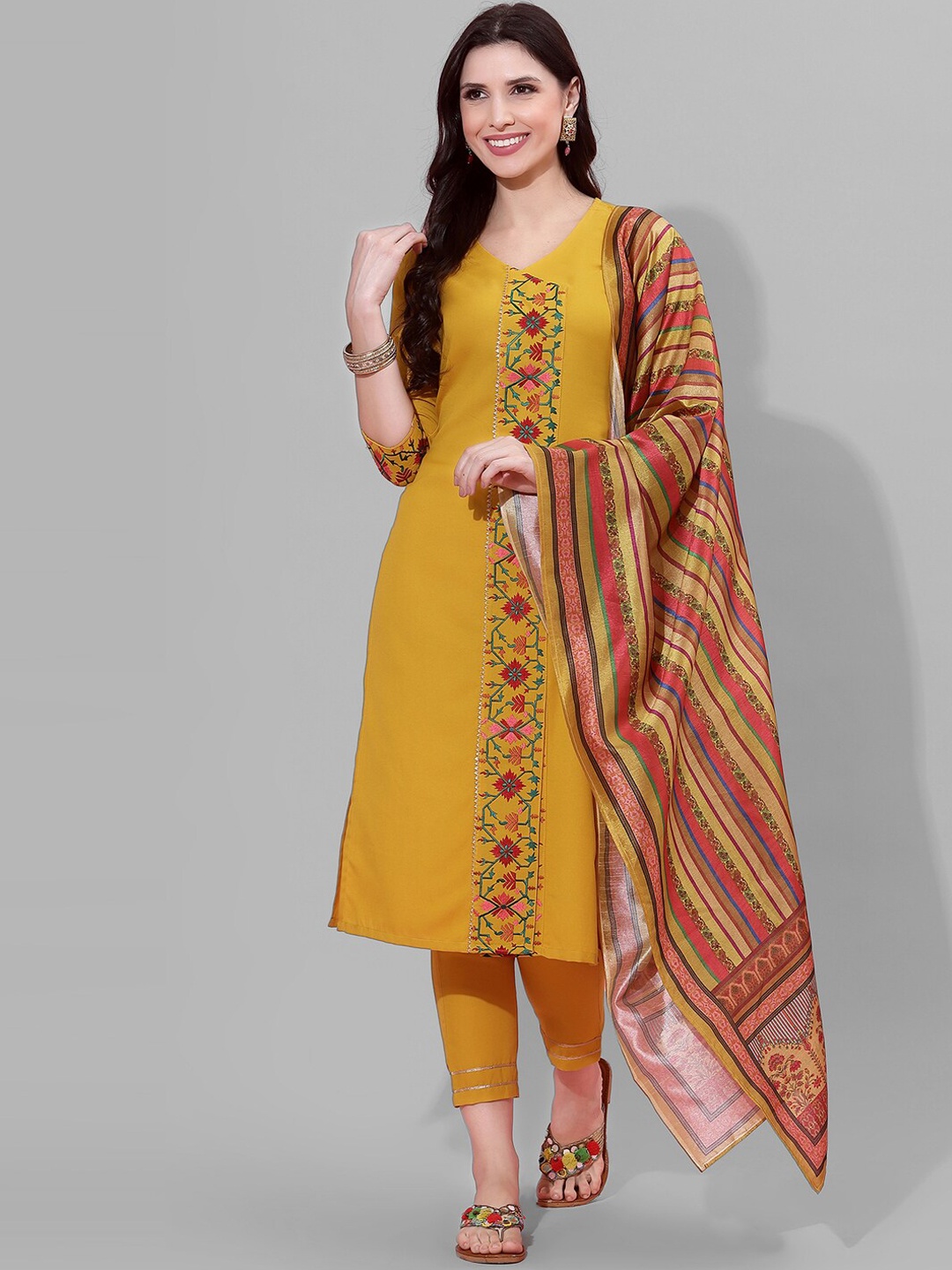 

SKYLEE Women Mustard Yellow Ethnic Motifs Embroidered Kurta with Trousers & With Dupatta