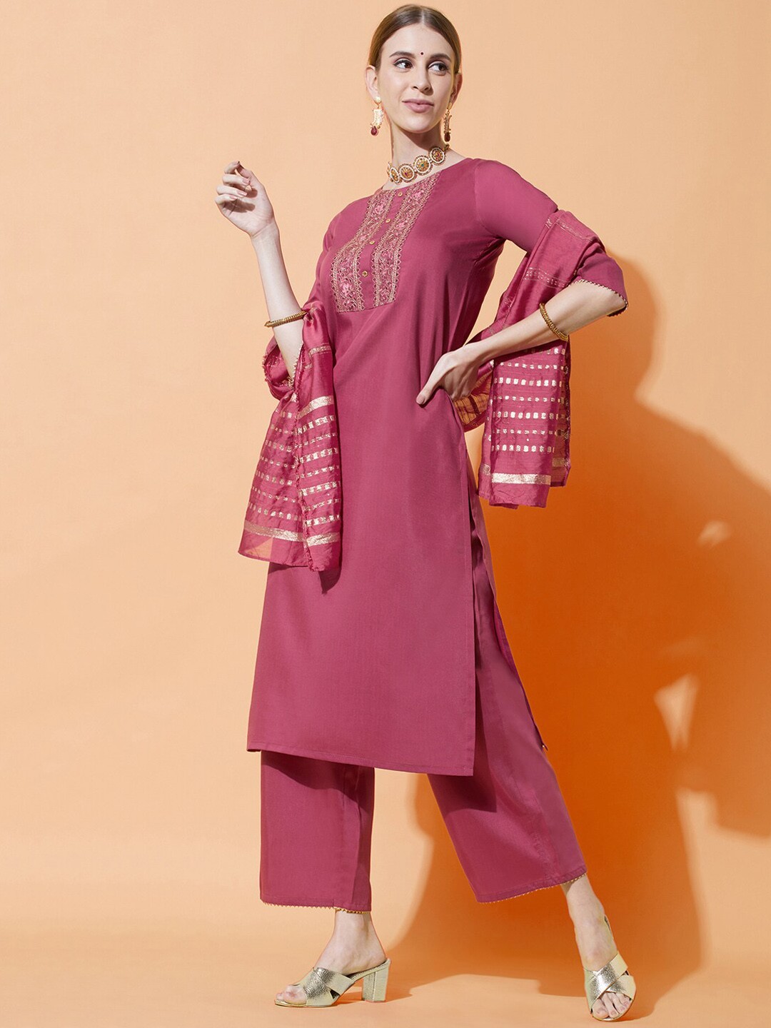 

SKYLEE Women Pink Floral Yoke Design Kurta with Palazzos & With Dupatta