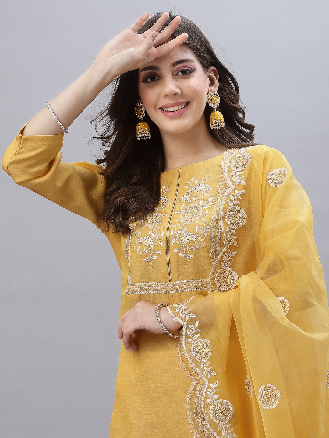 

SKYLEE Women Yellow Embroidered Linen Kurta with Trousers & With Dupatta