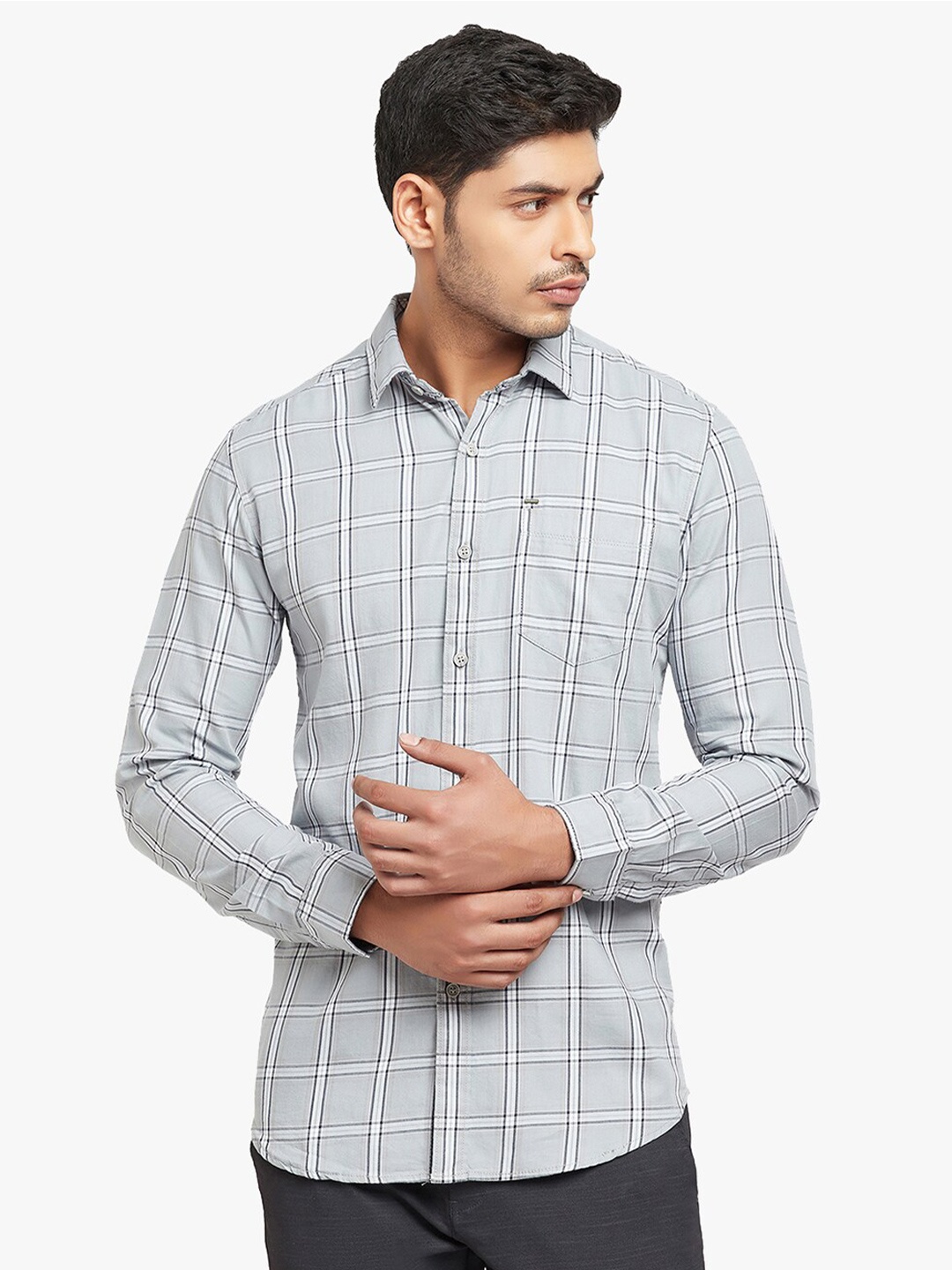 

Blue Buddha Men Grey Windowpane Checks Checked Casual Shirt