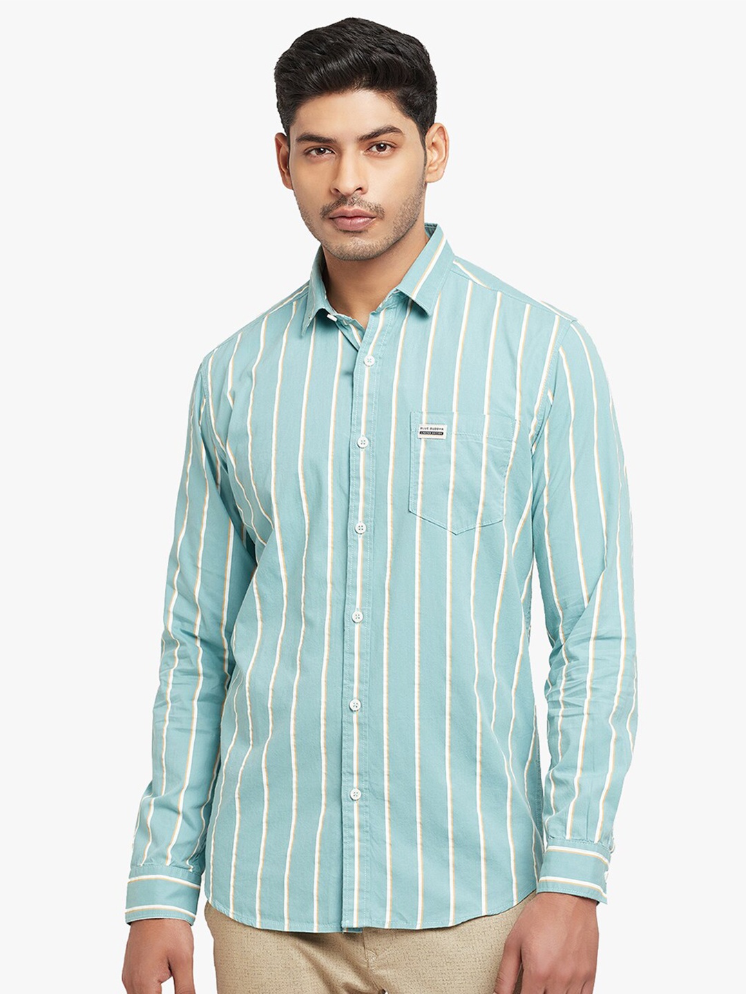 

Blue Buddha Men Turquoise Blue Striped Cotton Casual Shirt