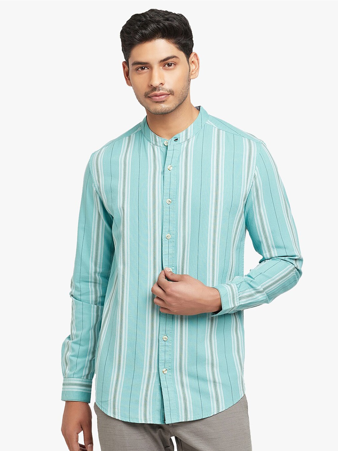 

Blue Buddha Men Turquoise & White Blue Striped Casual Shirt, Turquoise blue