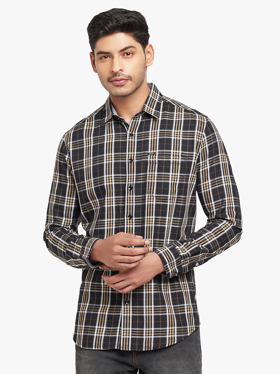 

Blue Buddha Men Black Tartan Checks Cotton Casual Shirt