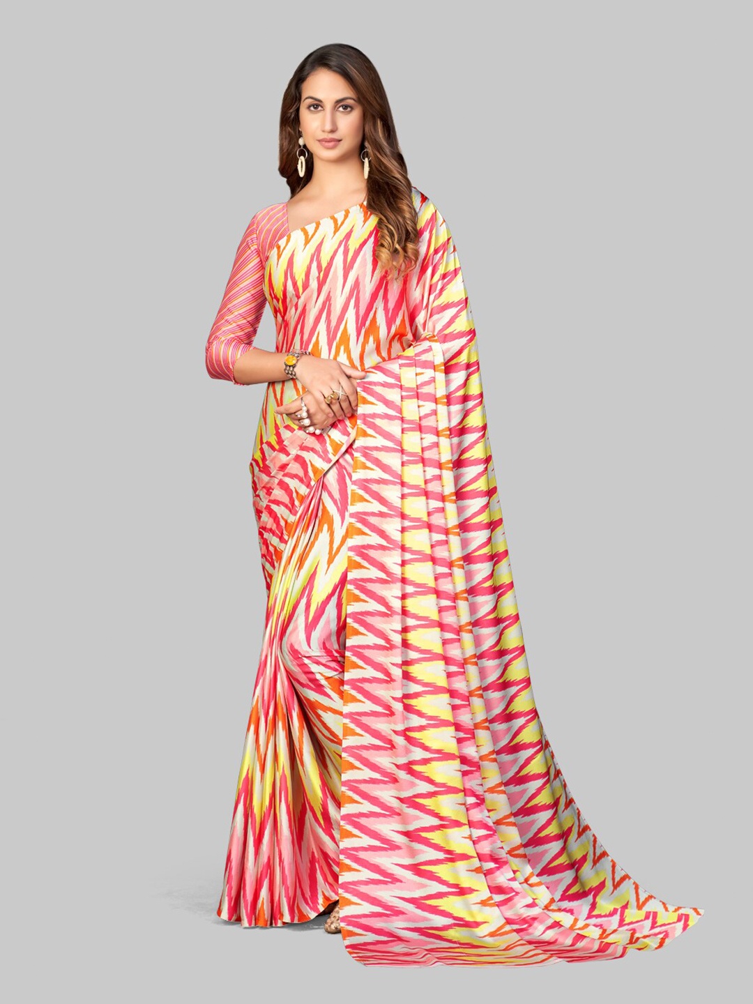 

7TH FAB Yellow & Pink Satin Georgette Saree