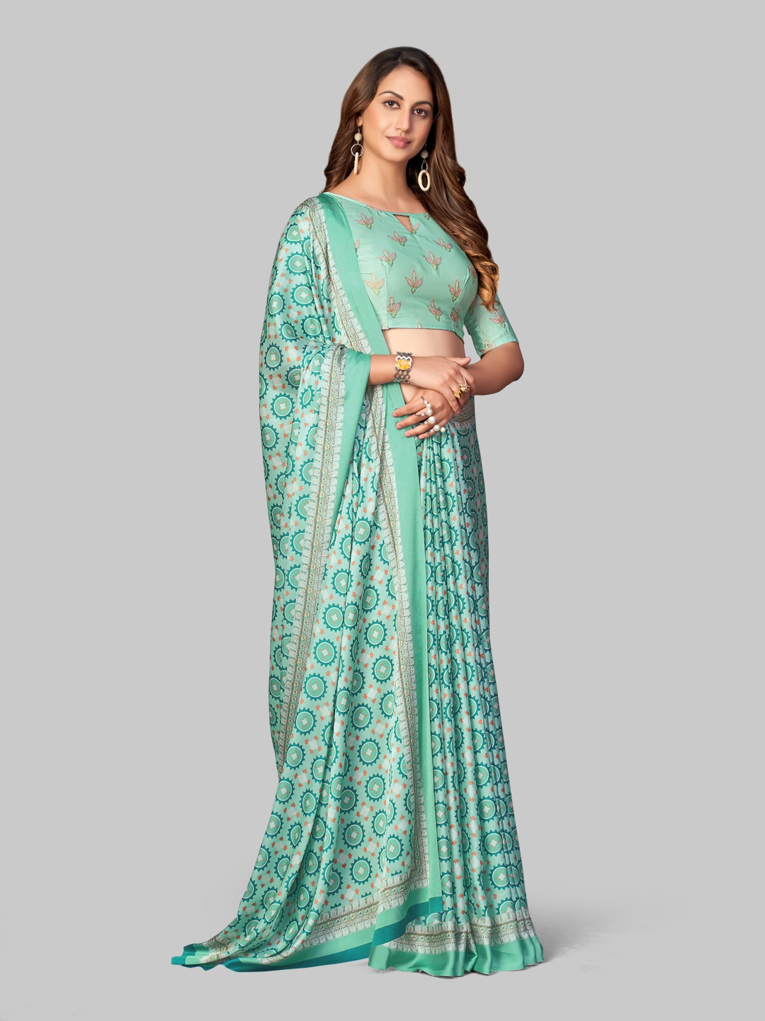 

7TH FAB Blue & White Printed Satin Saree