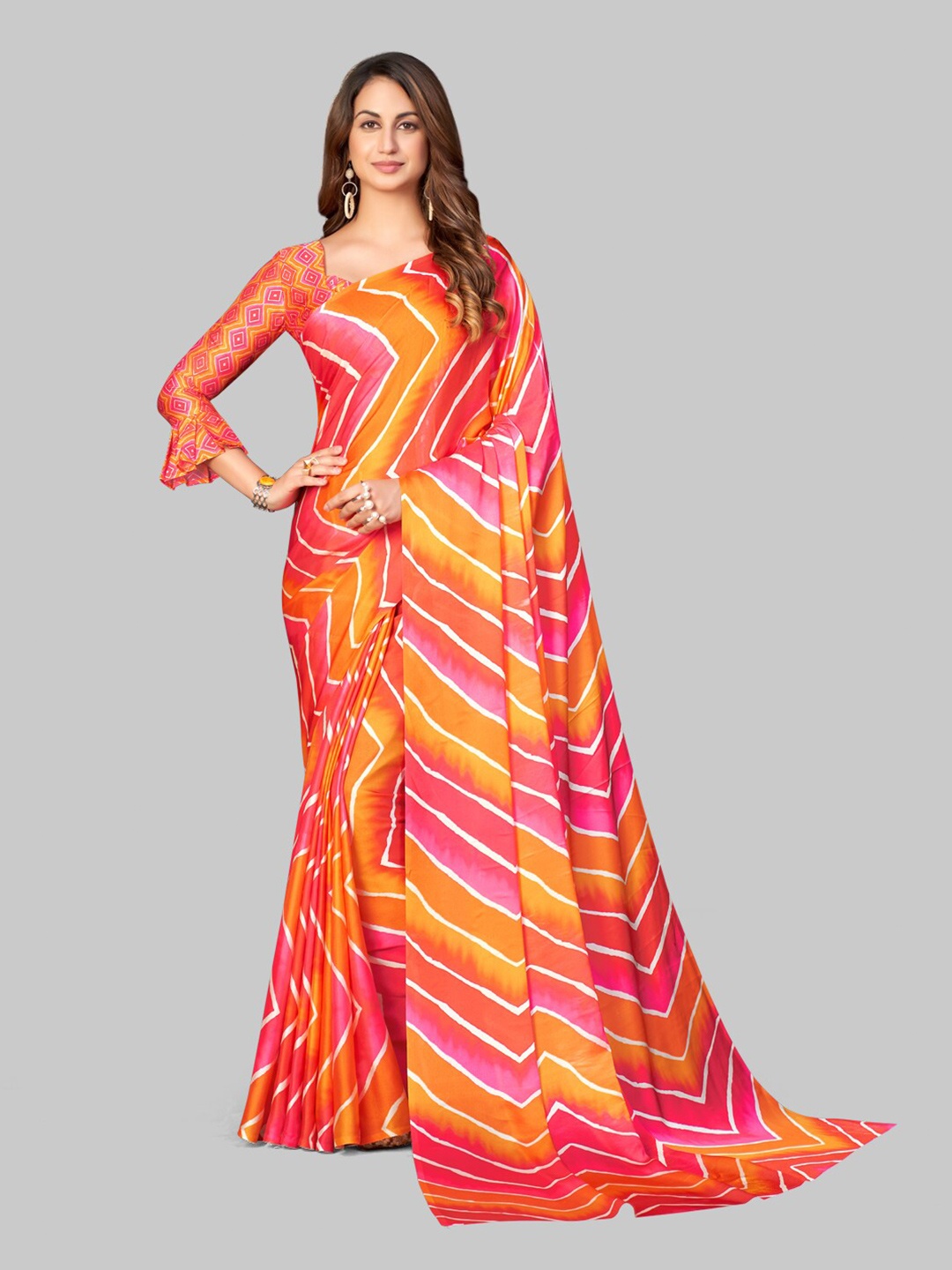 

7TH FAB Orange & Pink Leheriya Satin Saree
