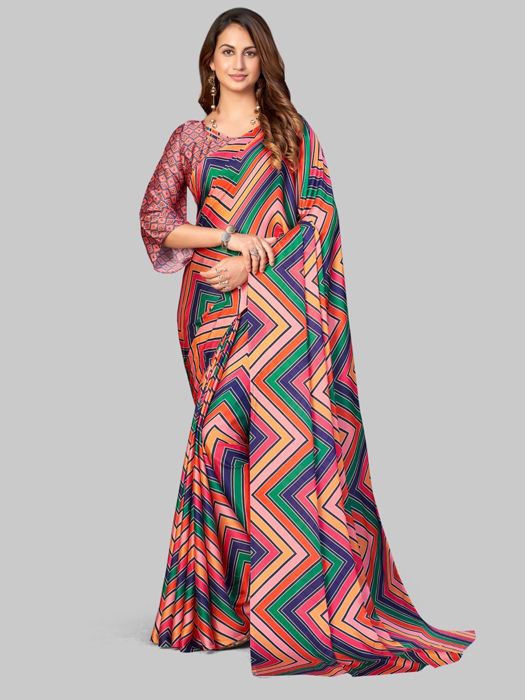 

7TH FAB Pink & Red Satin Georgette Saree