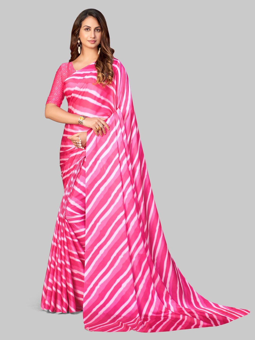 

7TH FAB Pink & White Leheriya Satin Leheriya Saree