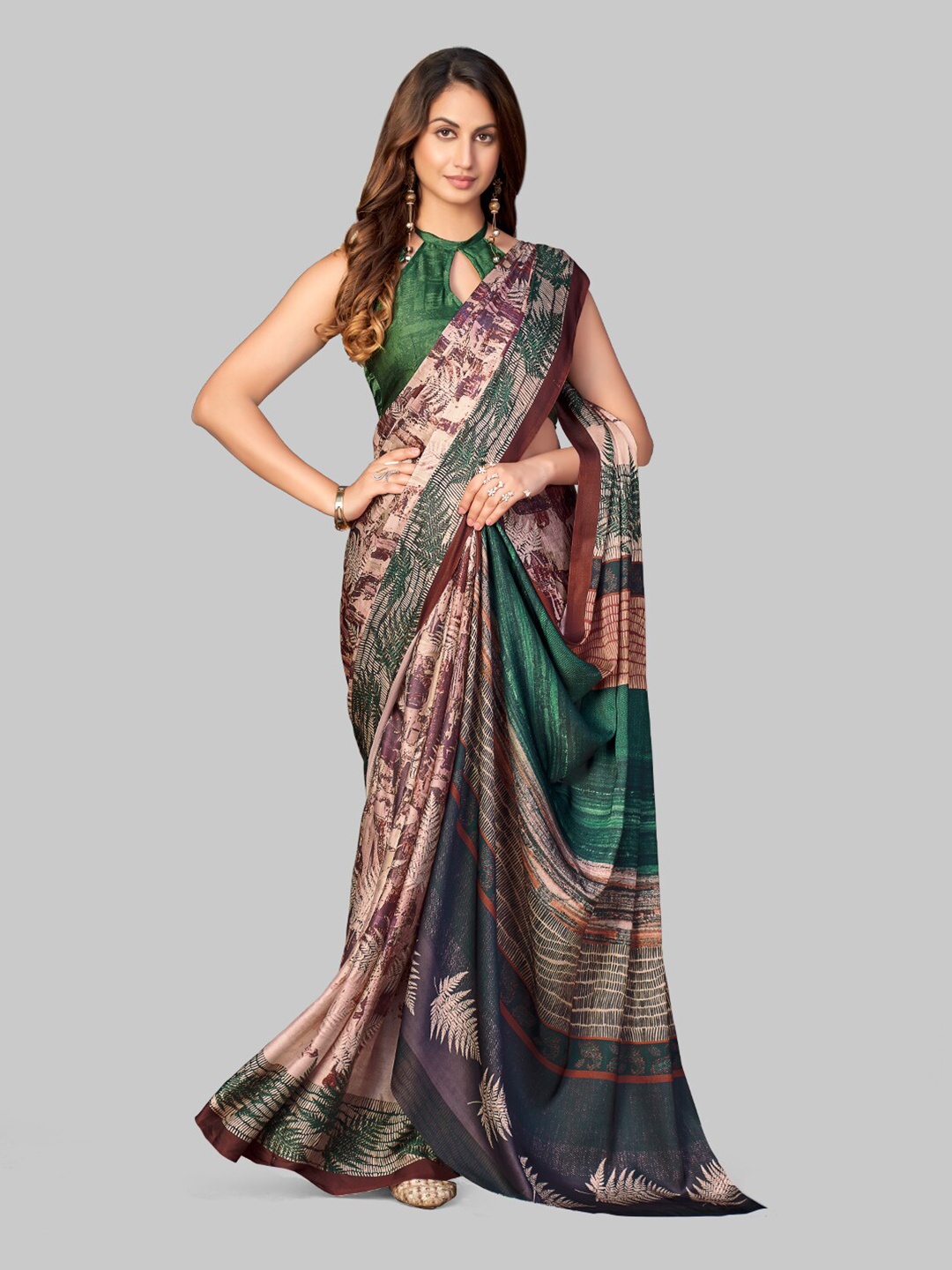 

7TH FAB Lavender & Green Floral Satin Georgette Saree