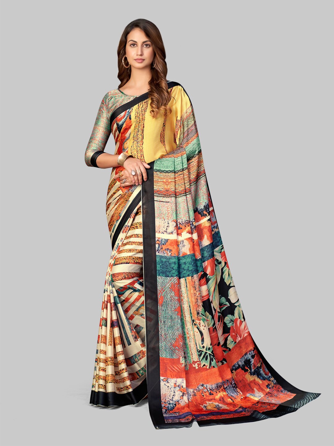 

7TH FAB Black & Orange Floral Satin Saree