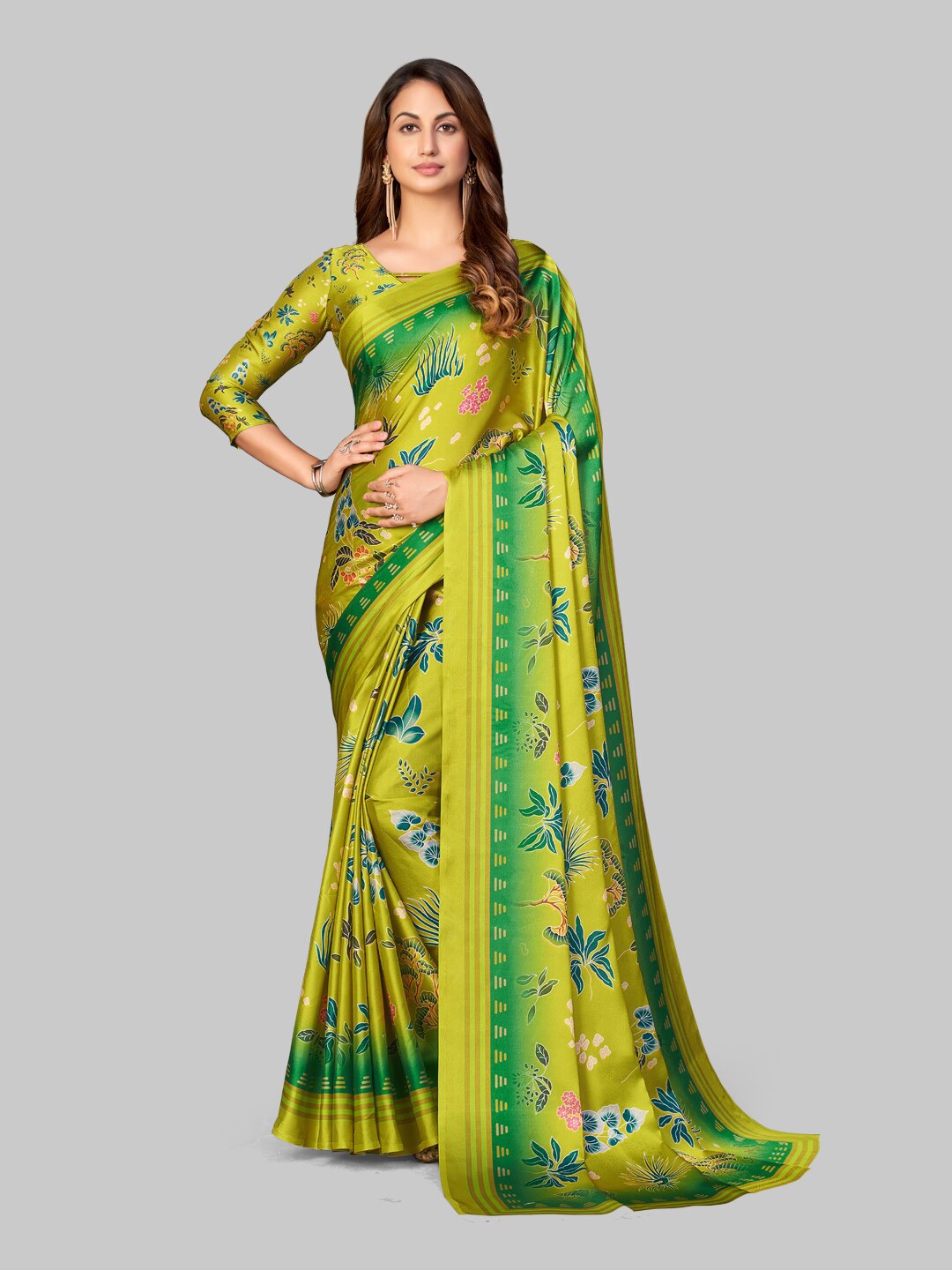 

7TH FAB Lime Green & Green Floral Satin Georgette Saree