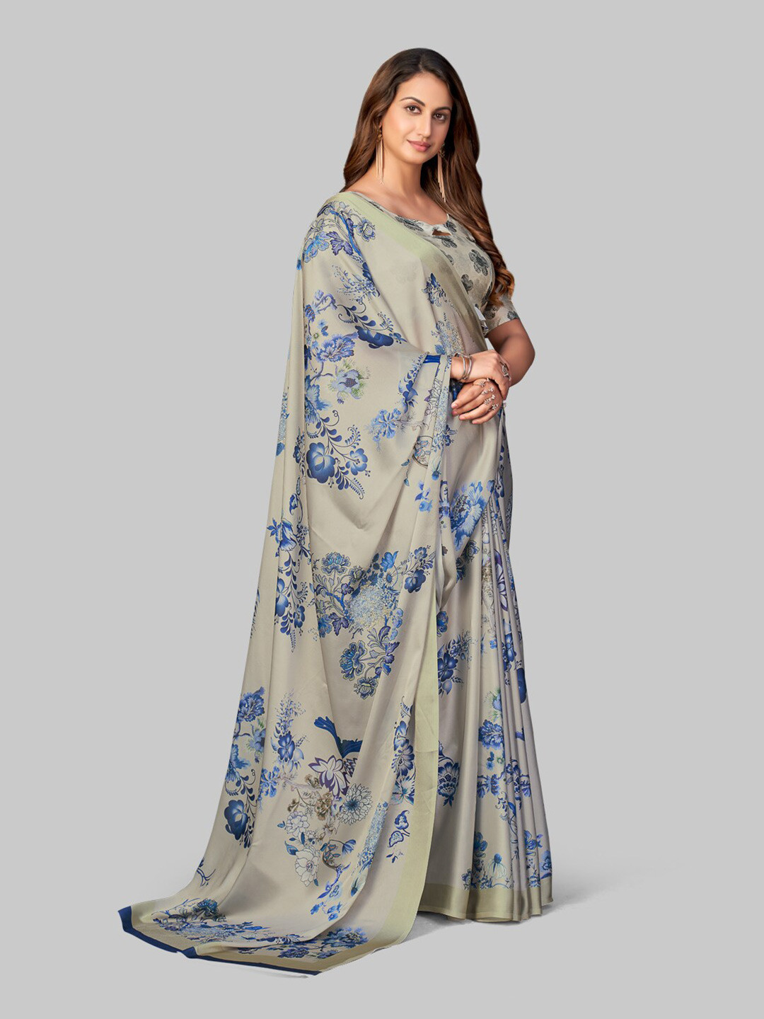 

7TH FAB Grey & Blue Floral Satin Saree