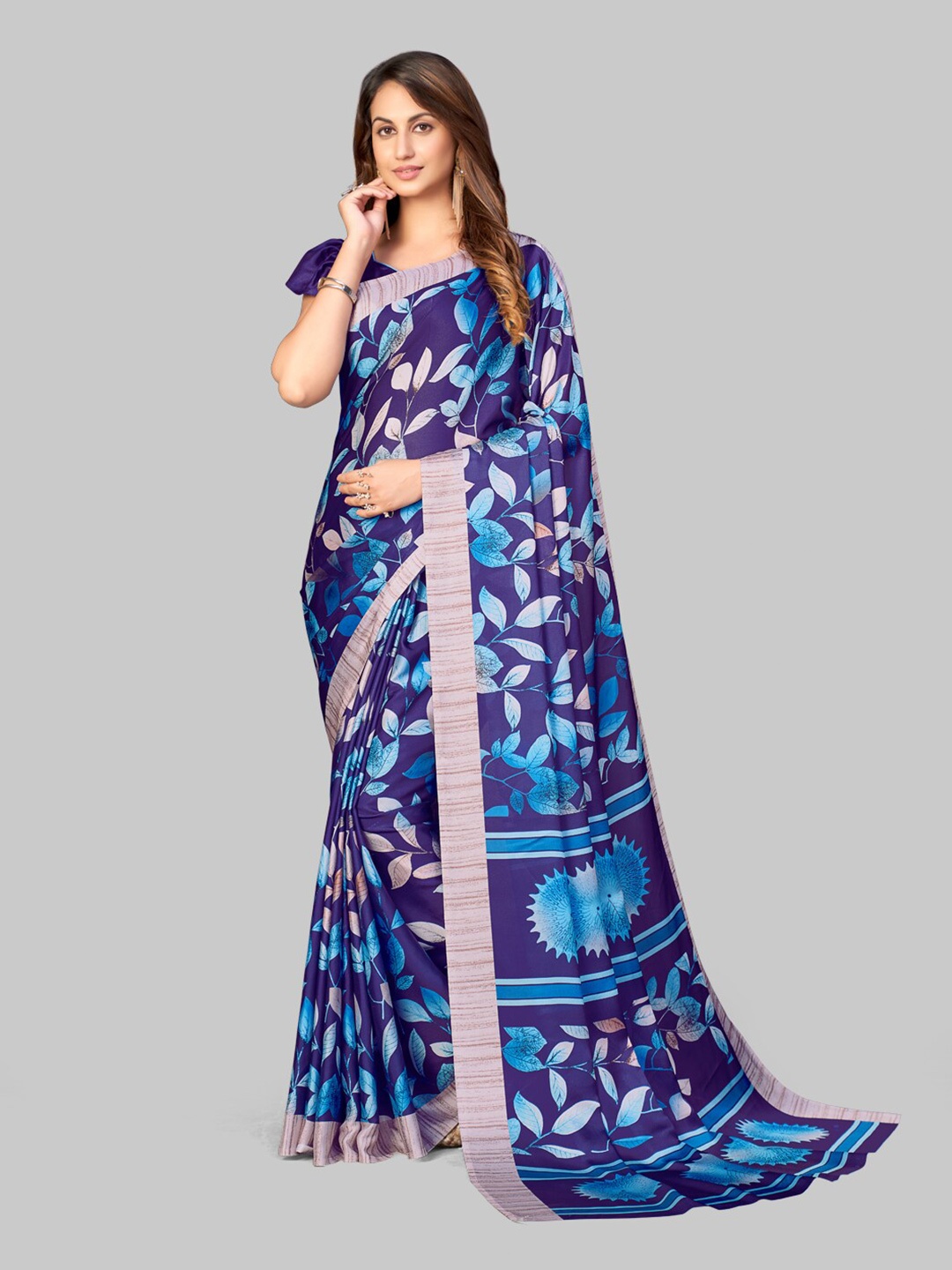 

7TH FAB Blue & Grey Floral Satin Georgette Saree