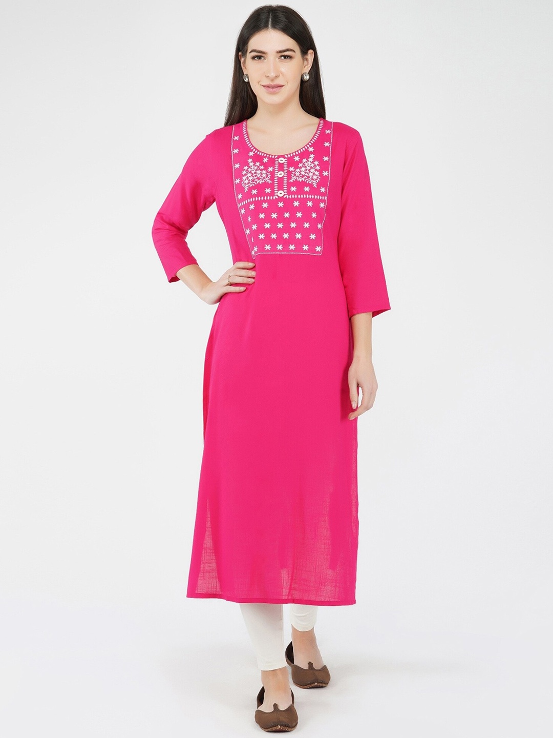 

METRO-FASHION Women Pink & White Floral Yoke Design Embroidered Kurta