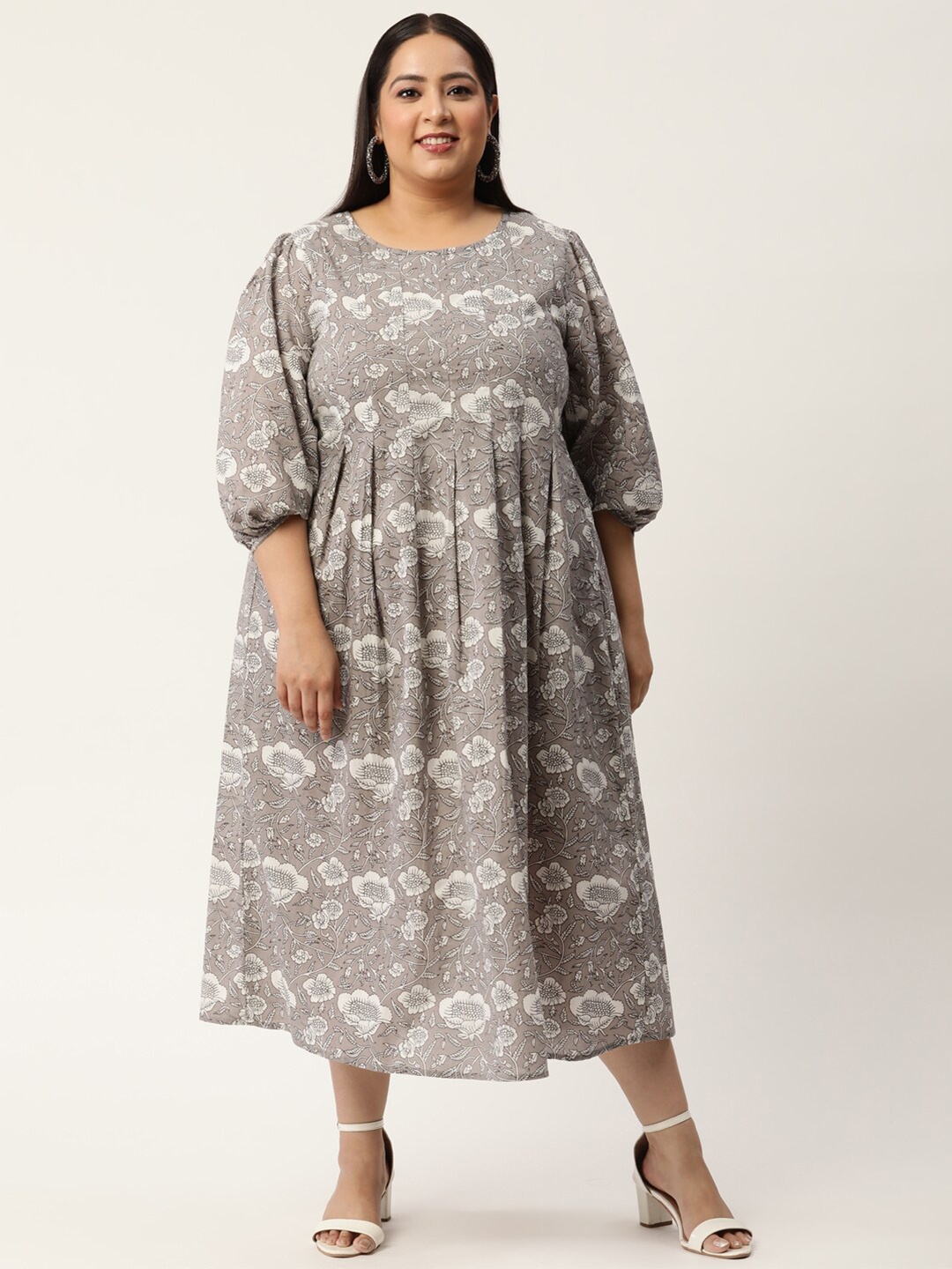 

theRebelinme Grey Ethnic Motifs Plus Size Pure Cotton Midi Dress