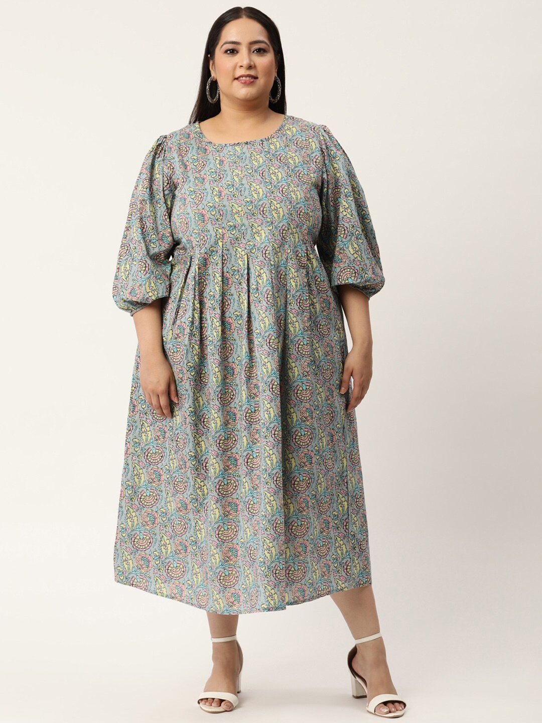 

theRebelinme Grey Ethnic Motifs Plus Size Pure Cotton Midi Dress