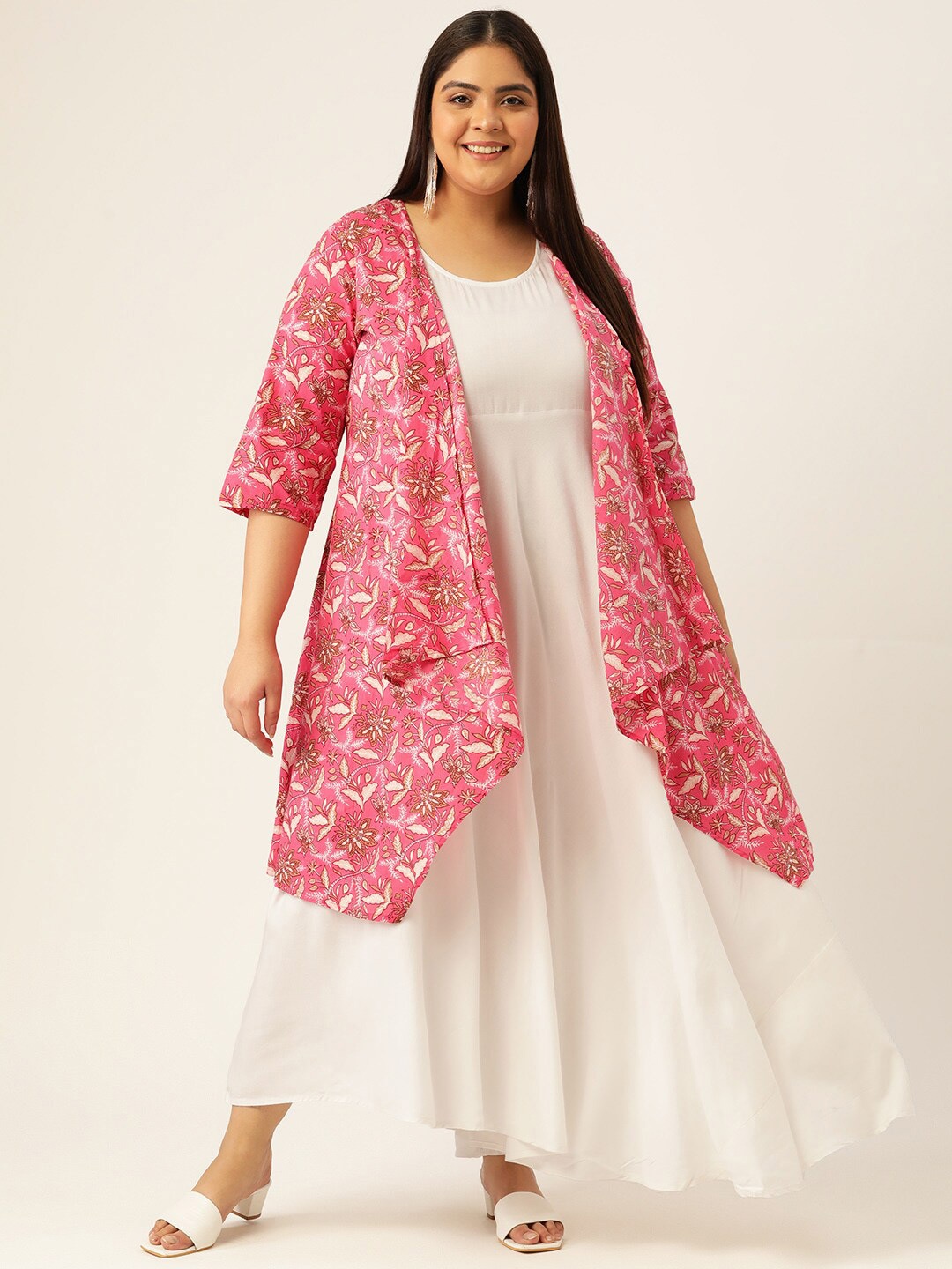 

theRebelinme Fuchsia Floral Layered Plus Size Pure Cotton Maxi Dress