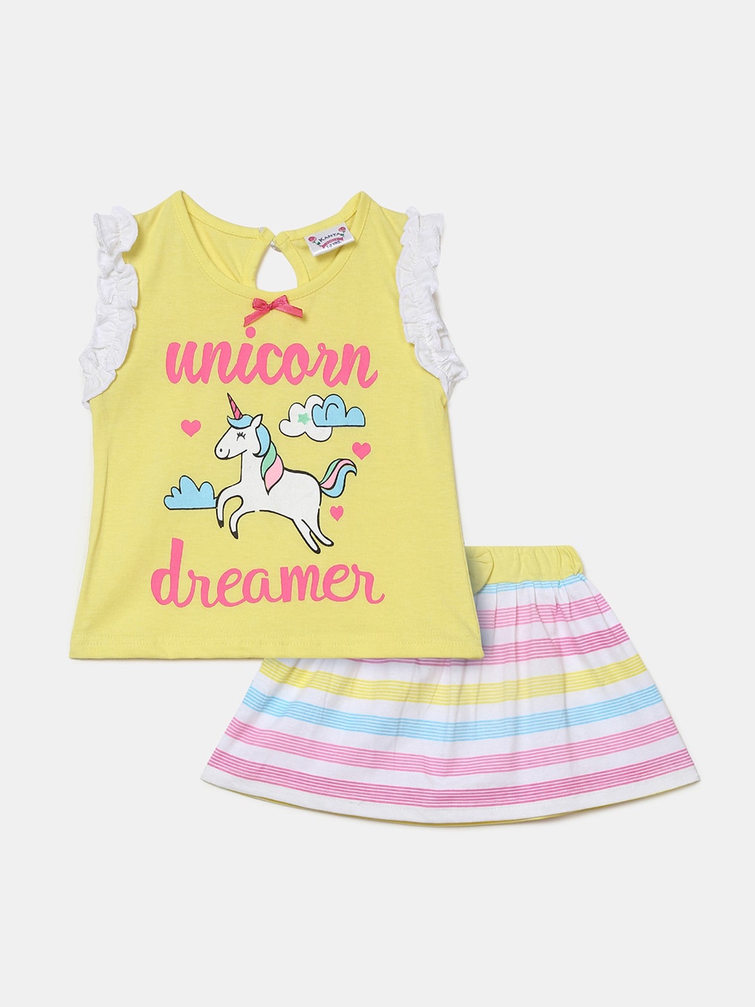 

V-Mart Unisex Kids Yellow & Pink Printed Cotton T-shirt with Skirt