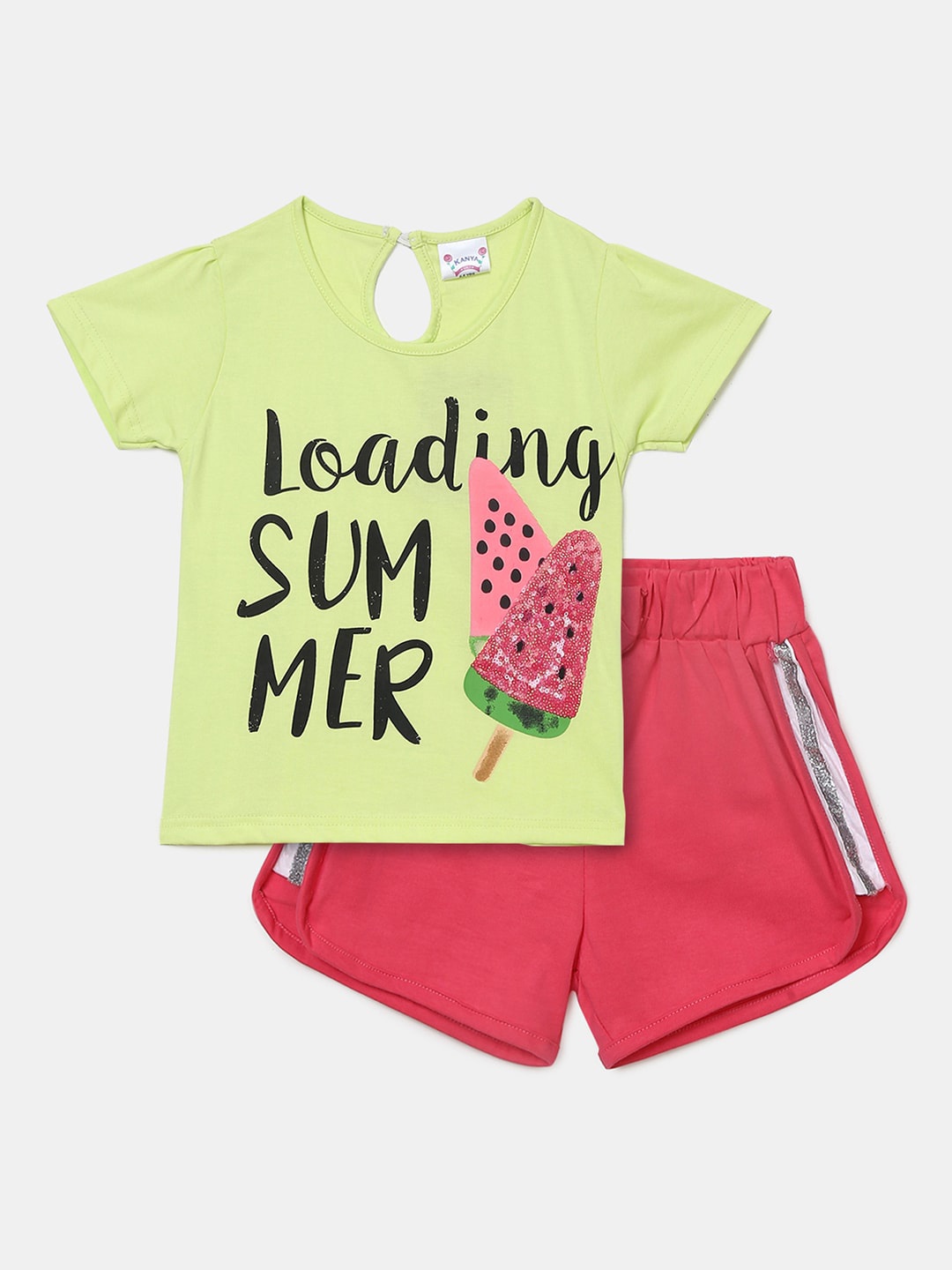 

V-Mart Unisex Kids Green & Pink Printed T-shirt with Shorts