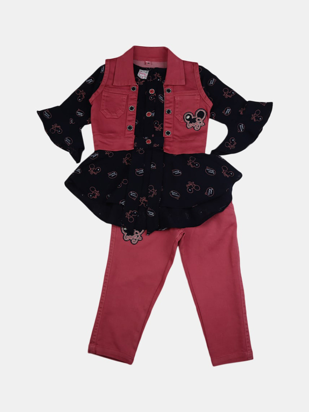 

V-Mart Kids Girls Pink & Black Printed Pure Cotton Top with Trousers and Jacket