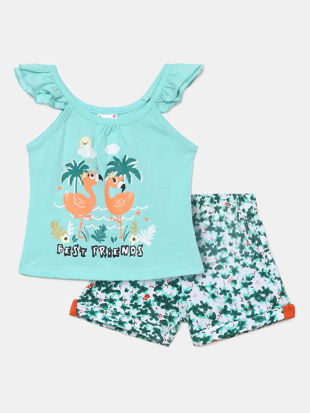 

V-Mart Girls Sea Green & Orange Printed Pure Cotton Top with Shorts