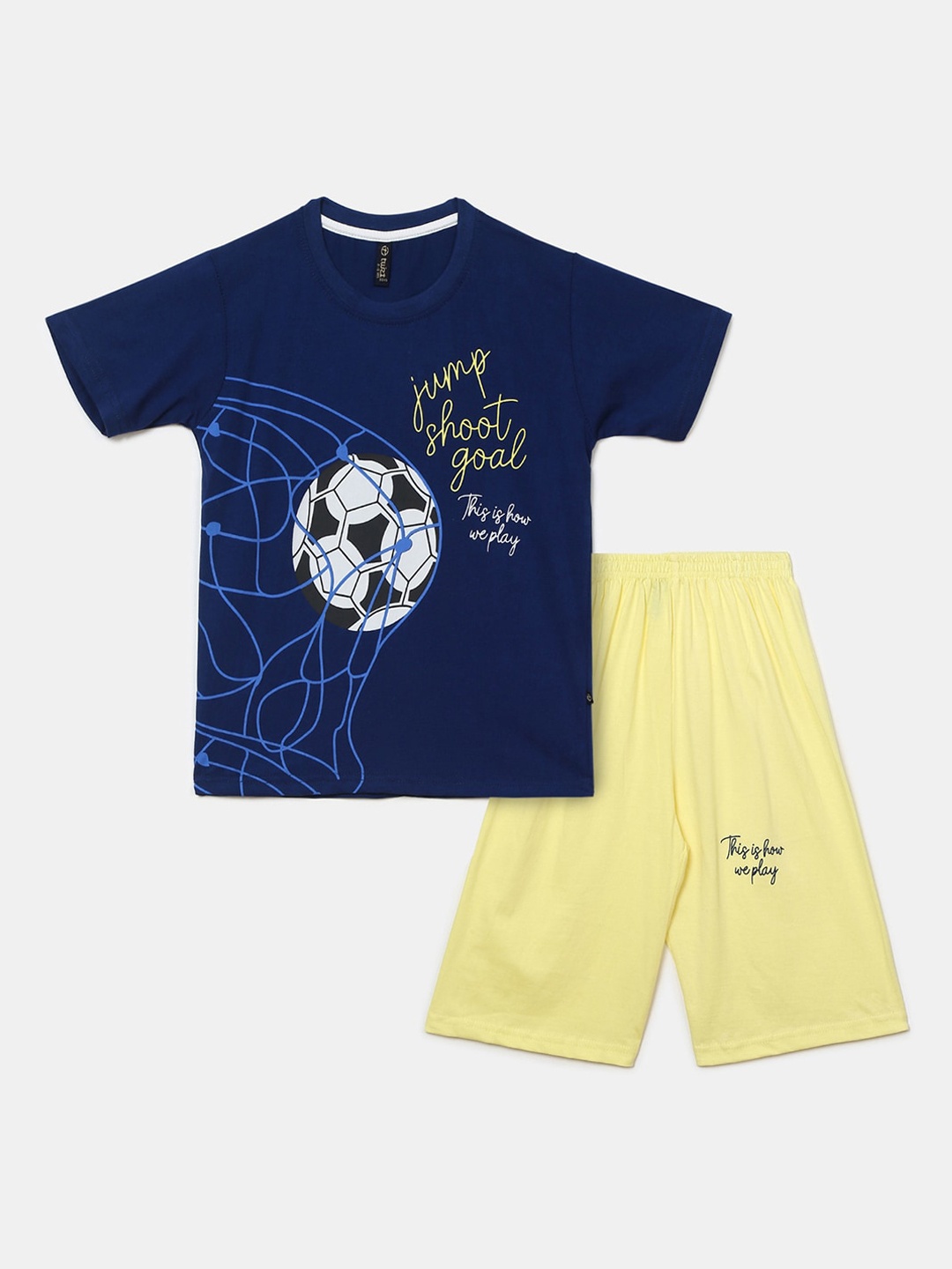 

V-Mart Kids Blue & Yellow Printed Pure Cotton T-shirt with Short