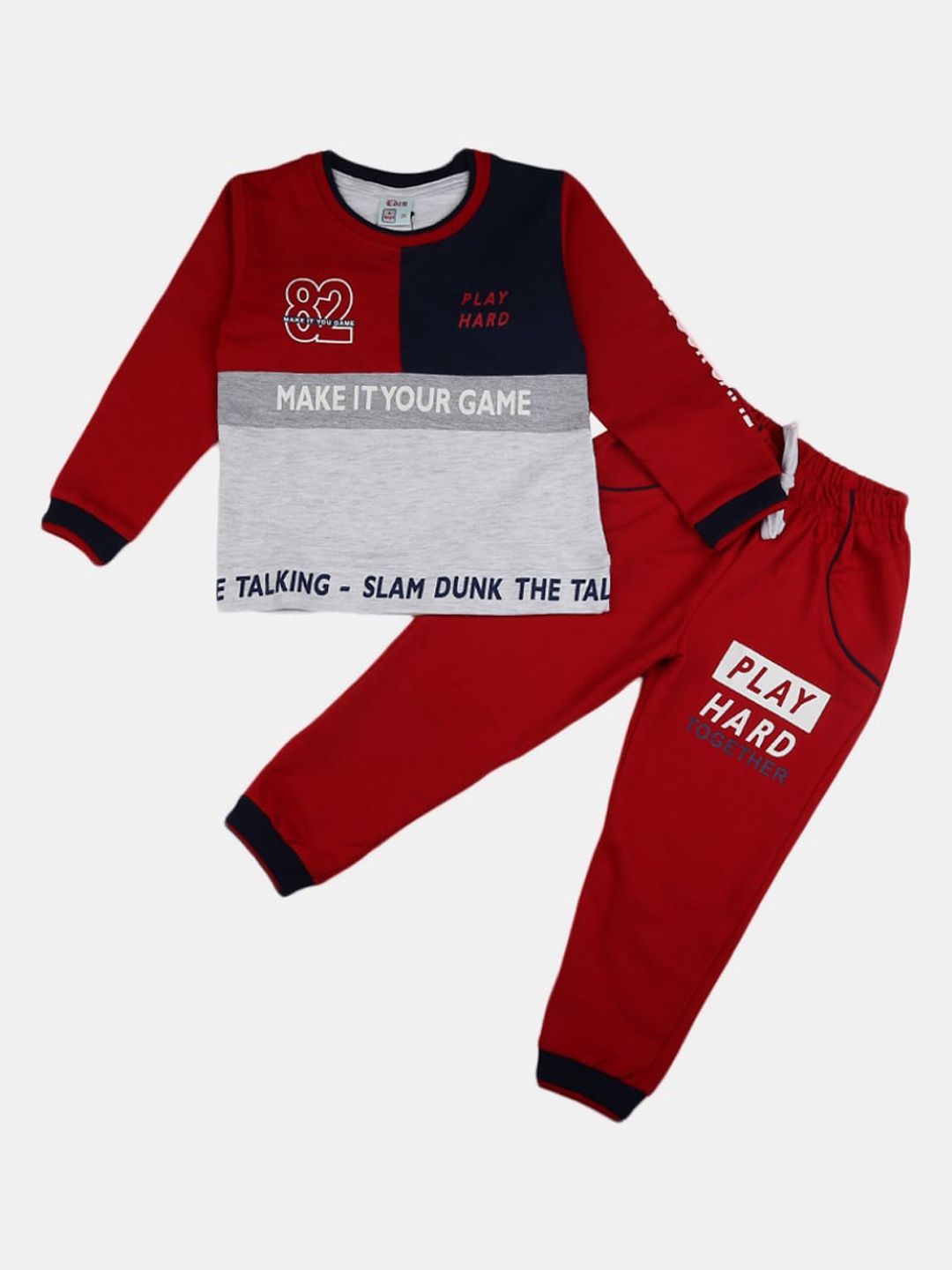 

V-Mart Unisex Kids Red & Grey Printed Pure Cotton T-shirt with Pyjamas