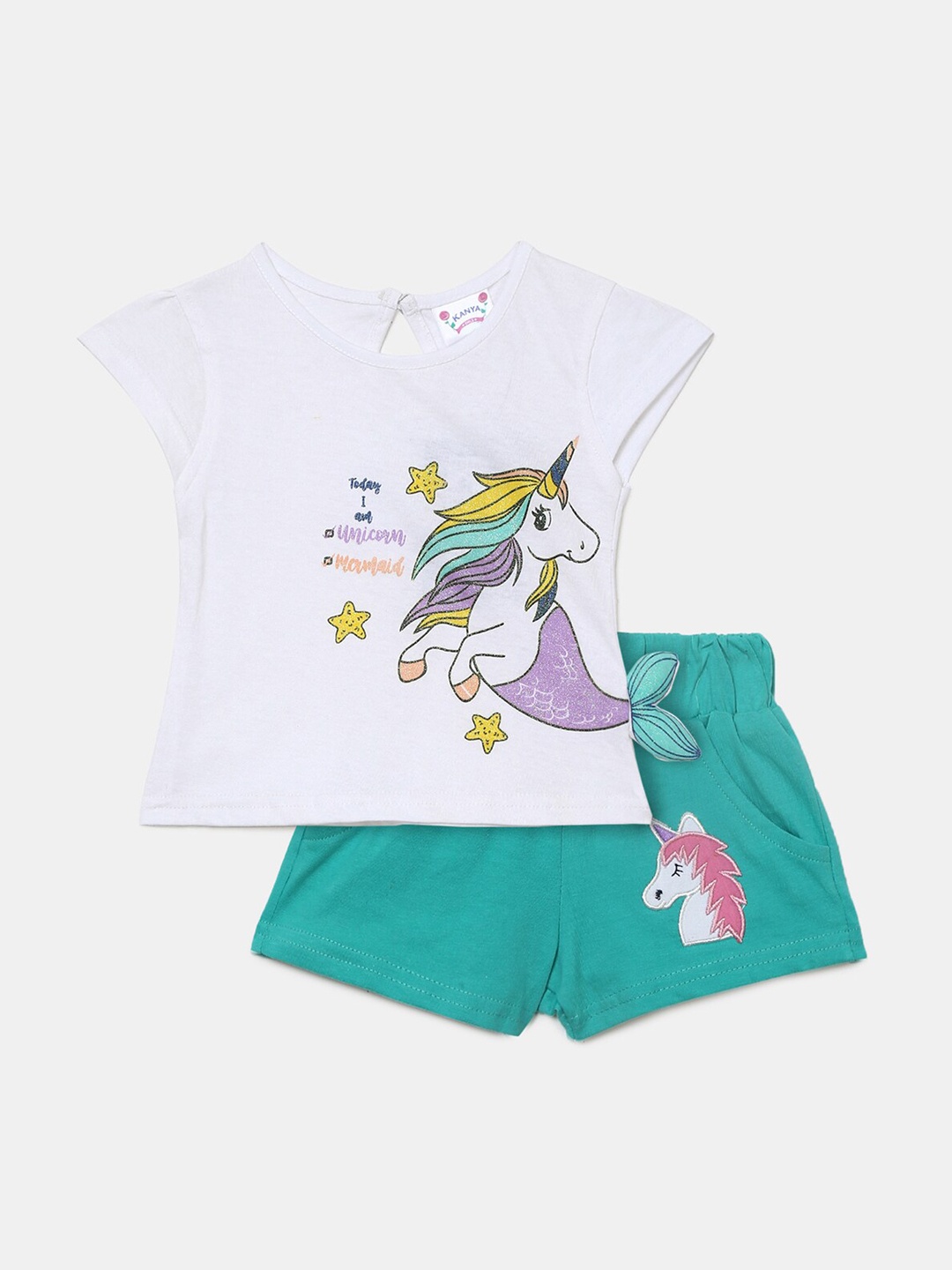 

V-Mart Kids White & Green Printed T-shirt with Shorts