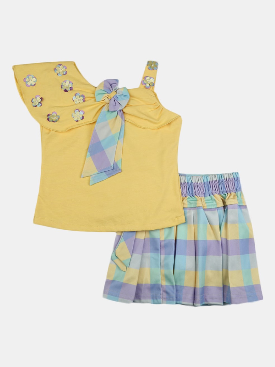 

V-Mart Girl Kids Yellow & Blue Embellished Top with Skirt