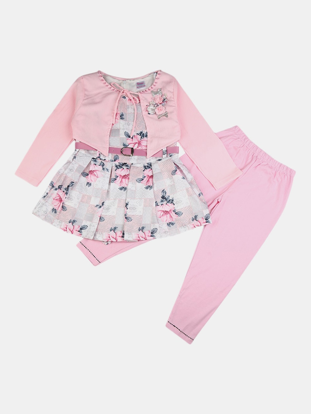 

V-Mart Girls Pink & White Printed Pure Cotton Tunic with Leggings