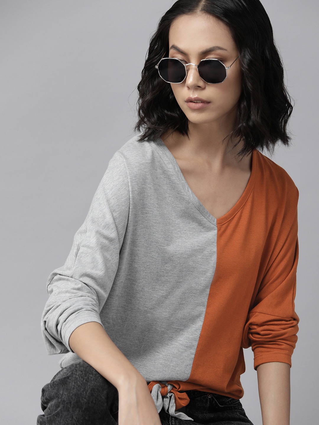 

The Roadster Lifestyle Co. Orange & Grey Colourblocked Extended Sleeves Front Tie-Up Top