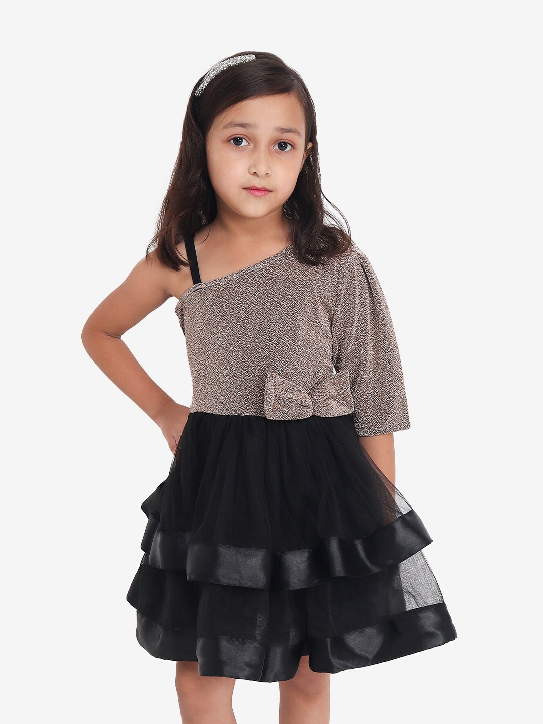 

YK Girls Copper-Toned & Black Tulle & Satin Fit & Flare Party Dress