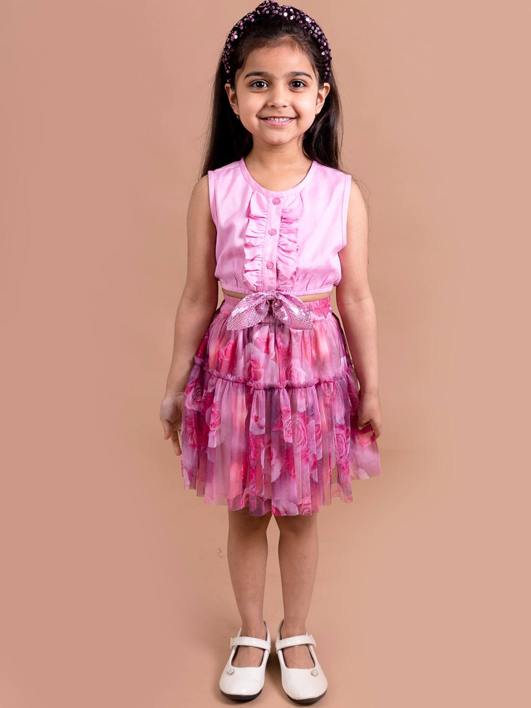 

pspeaches Girls Pink & Purple Printed Top with Skirt