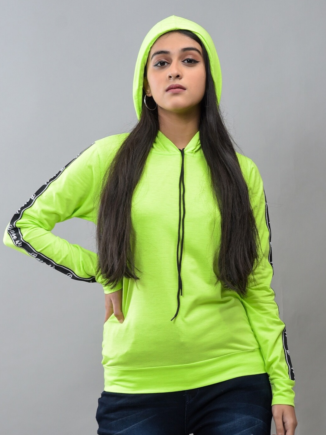 

BASE 41 Women Neon Green Hooded Cotton Sweatshirt, Fluorescent green