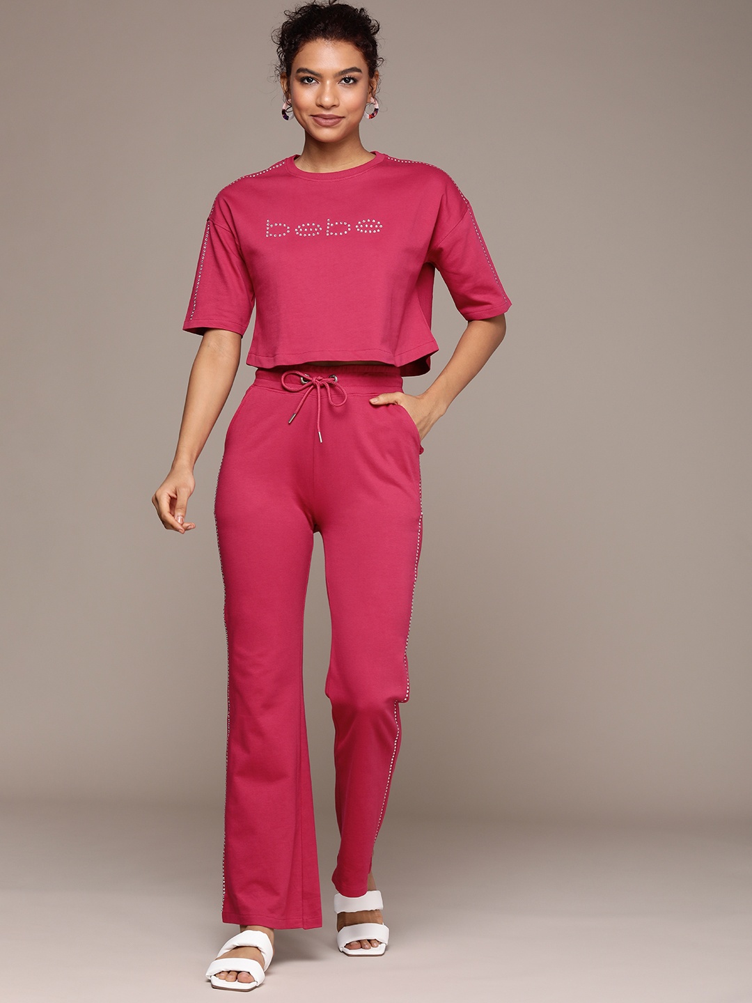 

bebe Women Brand Logo Embellished Styled Back Pure Cotton Top With Wide-Leg Trousers, Magenta