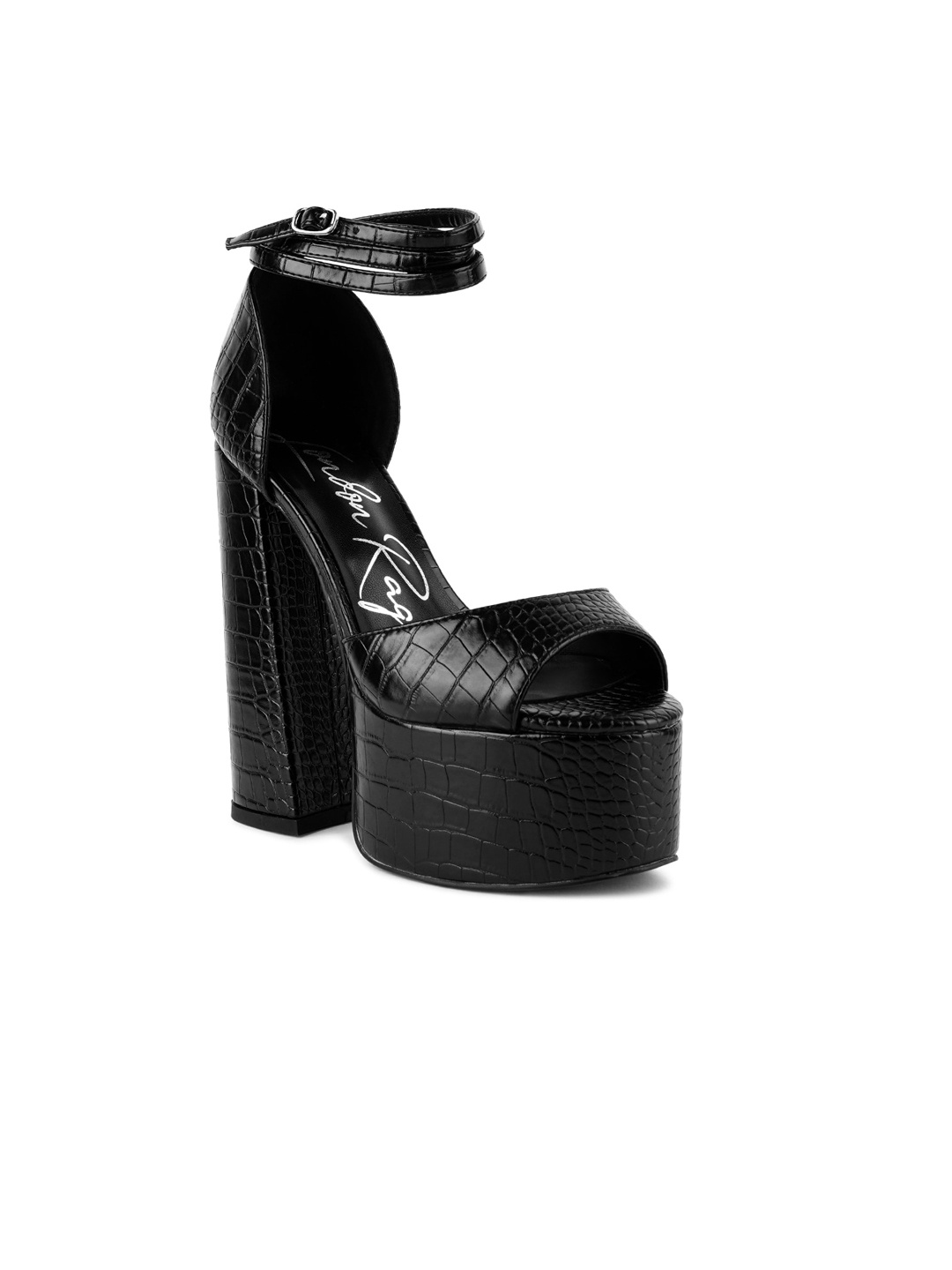 

London Rag Black Textured Party Block Sandals with Buckles