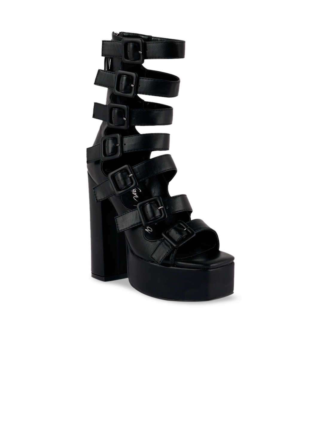 

London Rag Black Textured PU Party Platform Gladiators with Buckles