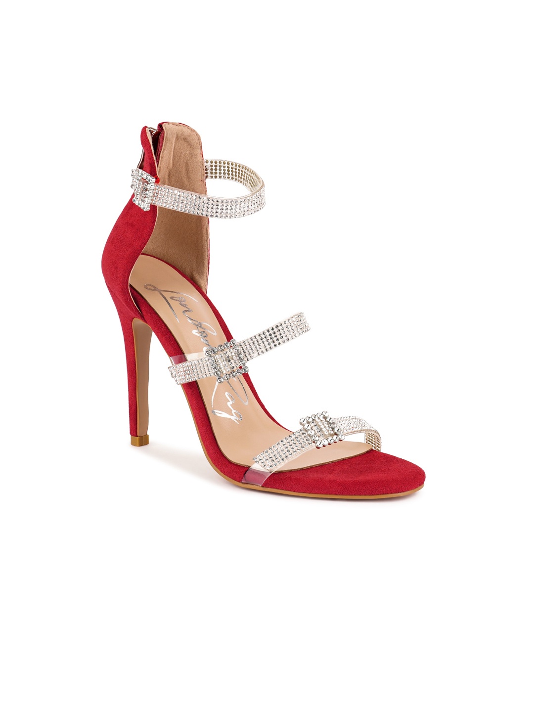 

London Rag Red & Silver-Toned Embellished Suede Party Stiletto Sandals
