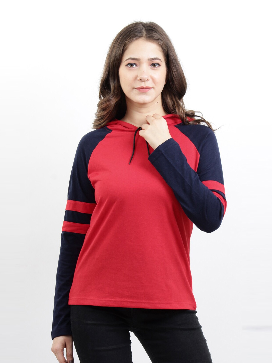 

BASE 41 Women Red & Navy Blue Colourblocked Slim Fit Hooded T-shirt