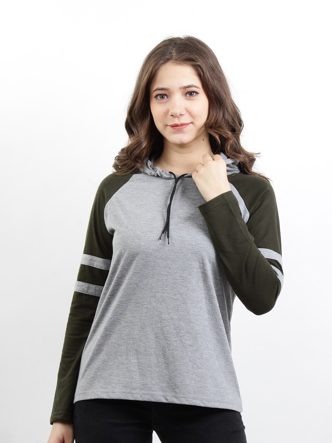 

BASE 41 Women Olive Green & Grey Colourblocked Slim Fit Cotton T-shirt