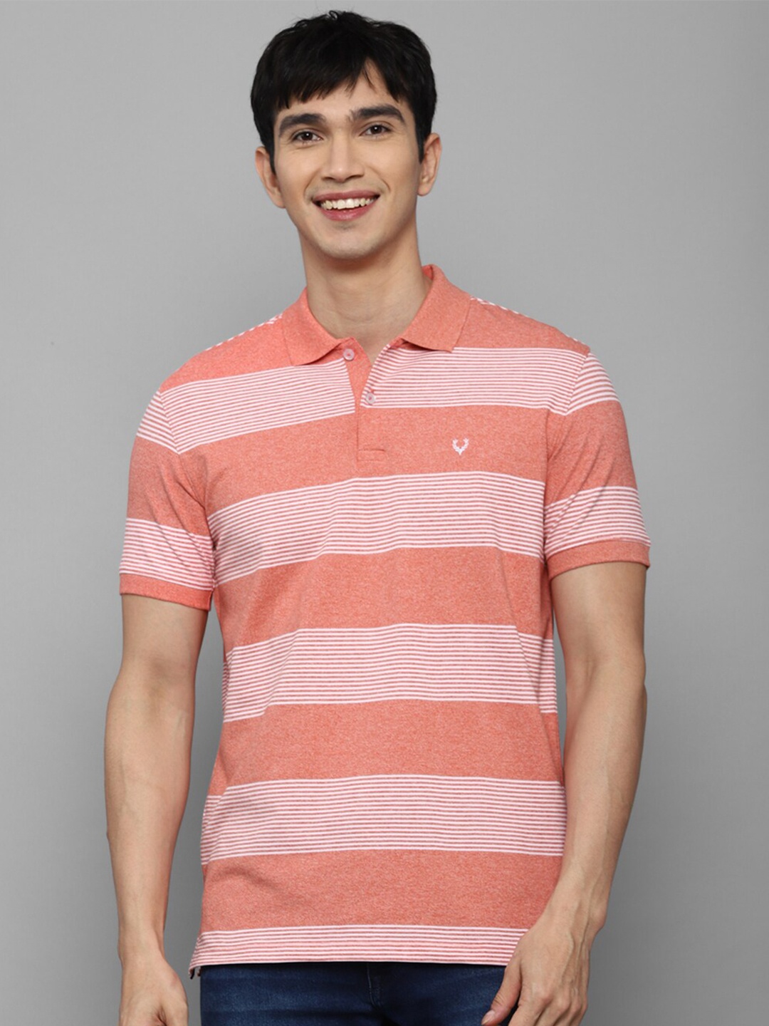 

Allen Solly Men Pure cotton Peach-Coloured & White Striped Polo Collar T-shirt