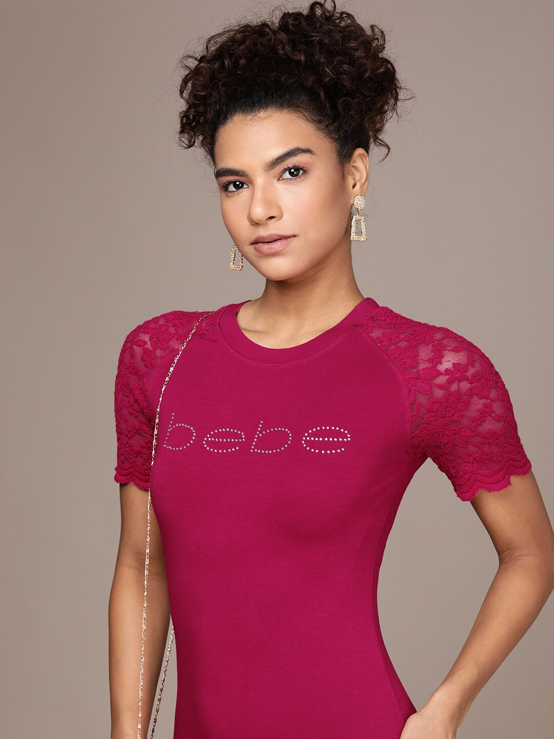 

bebe Round Neck Raglan Sleeves Brand Logo Embellished Bodycon Dress, Magenta