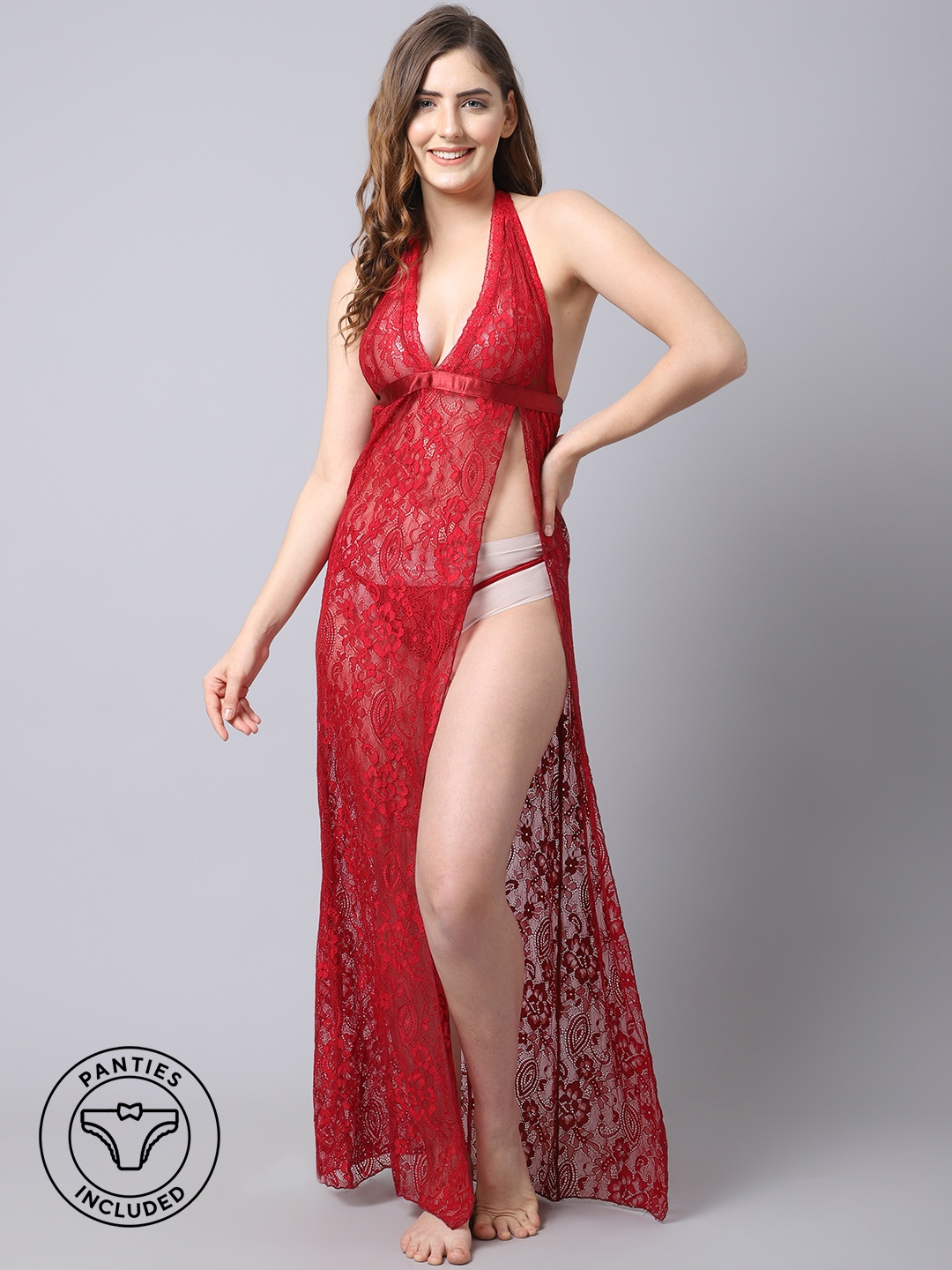 

Shararat Red Nylon Lace Halter Neck Baby Doll