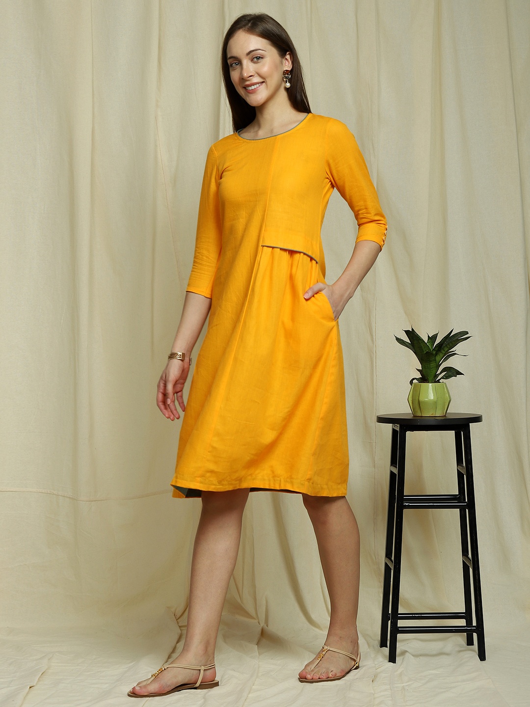 

Indifusion Yellow Linen A-Line Dress