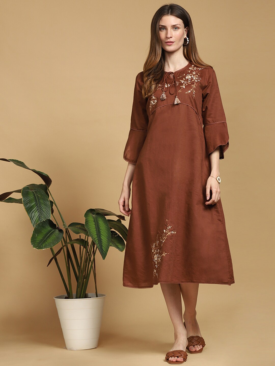 

Indifusion Brown Floral Embroidered Tie-Up Neck Linen A-Line Midi Ethnic Dress