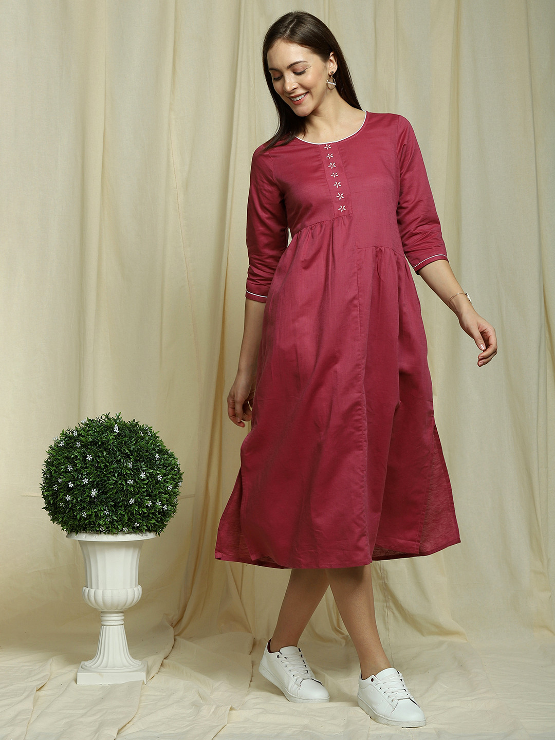 

Indifusion Floral Embroidered Fit & Flare Midi Ethnic Dress, Purple
