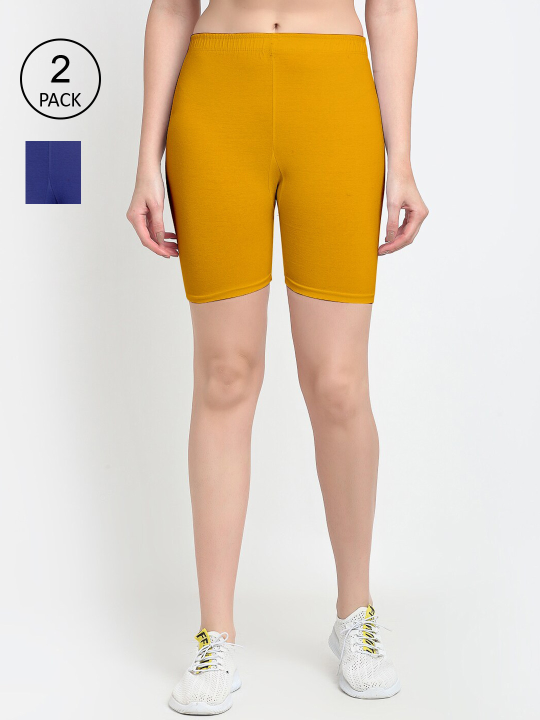 

GRACIT Women Set Of 2 Blue & Yellow Solid Cycling Sports Shorts