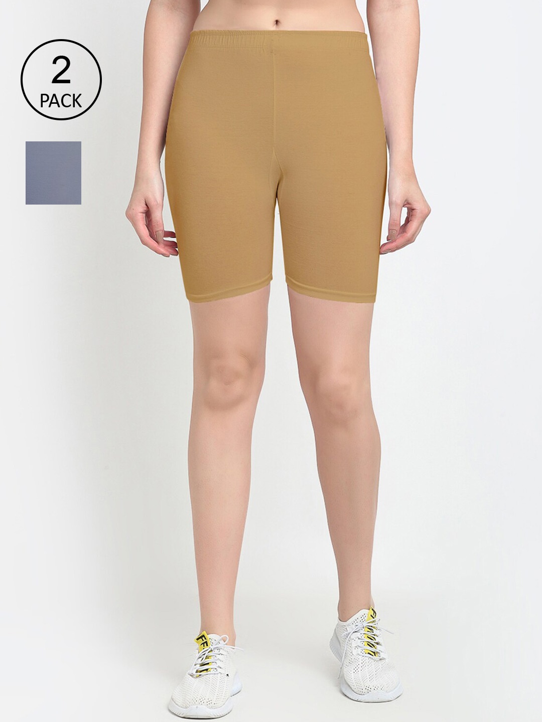 

GRACIT Women Pack Of 2 Grey & Beige Cycling Sports Shorts