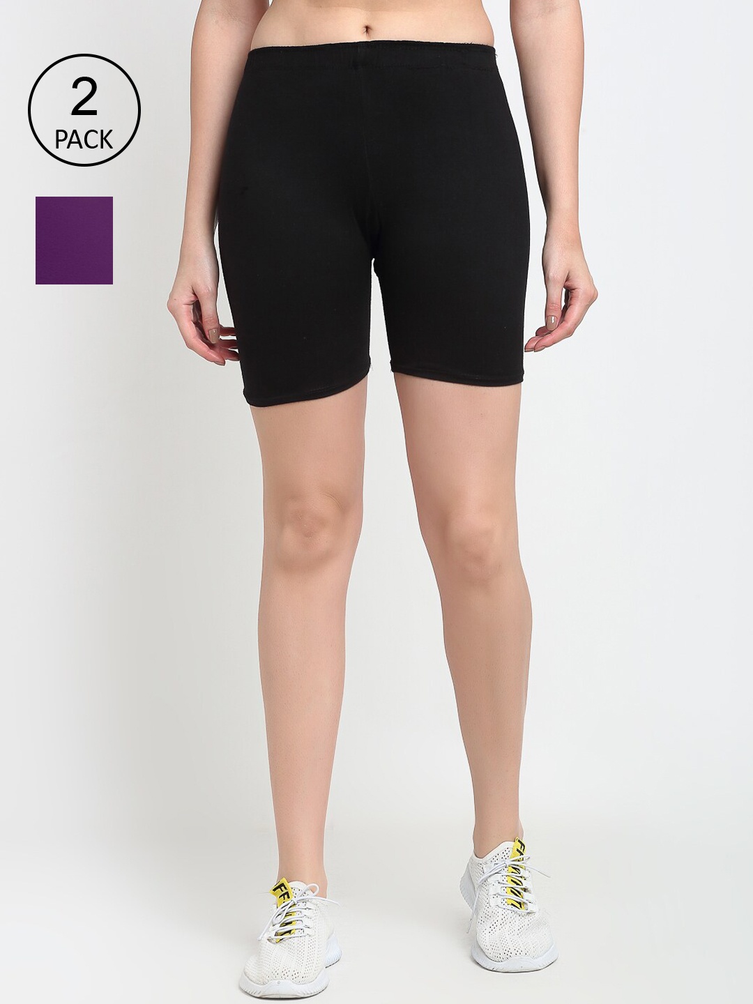 GRACIT Women Black & Purple Pack of 2 Cotton Cycling Sports Shorts